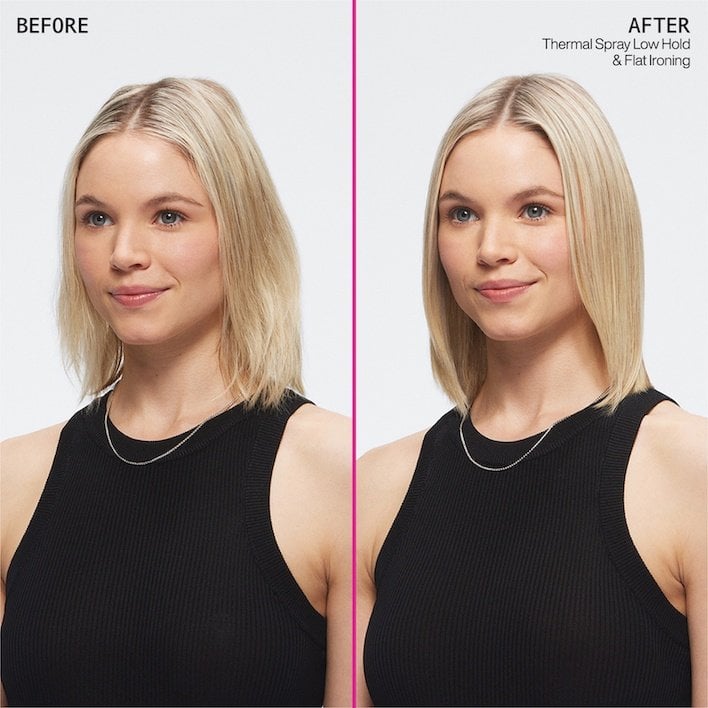 Thermal spray transformation of blonde hair from frizzy to straight - Redken India